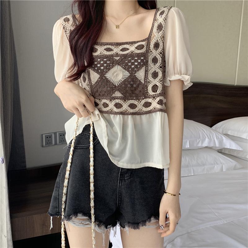 Рубашка с короткими рукавами и квадратным вырезом в стиле ретро, женская, свободного покроя, Sense Niche, летняя, свободного покроя, повседневная, удобная, в стиле Slim Fit, пуловеры, футболки