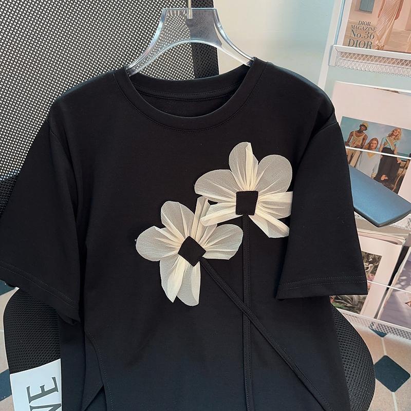 Женская летняя футболка с круглым вырезом и коротким рукавом, свободный топ с короткими рукавами и цветочным принтом большого размера