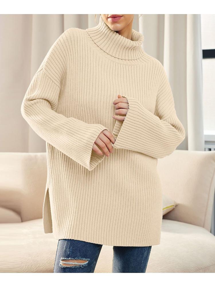 Осень Зима Водолазка Оверсайз Свитер Женский Разрез Длинный Рукав В рубчик Роскошный Расслабленный крой Стройнящий Универсальный Топ