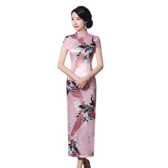 Женское длинное китайское длинное вечернее платье Cheongsam с коротким рукавом и принтом павлина