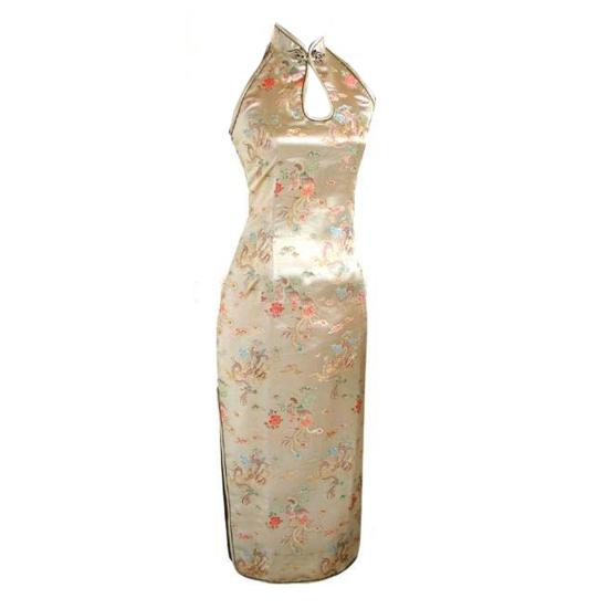 Women Summer Cheongsam Stand Collar Printing Off Shoulder Backless Split Hem Hollow Out Sleeveless Qipao Slim Fit Retro