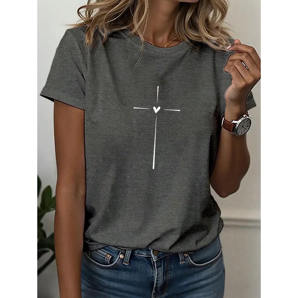 Ladies Minimal Cross Heart Religious Graphic T Shirt Women Short Sleeve Tee Gift