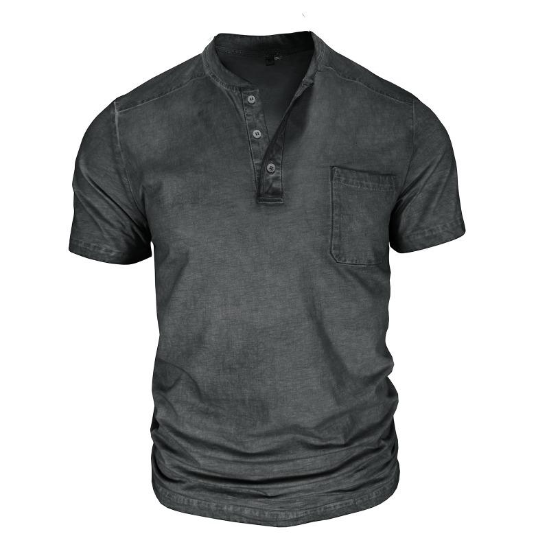 Мужская черная вымытая футболка-henley с коротким рукавом, нагрудным карманом, повседневная