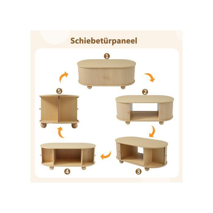 Table basse ovale avec espace de rangement et portes coulissantes meuble multifonctionnel peu encombrant en couleur bois