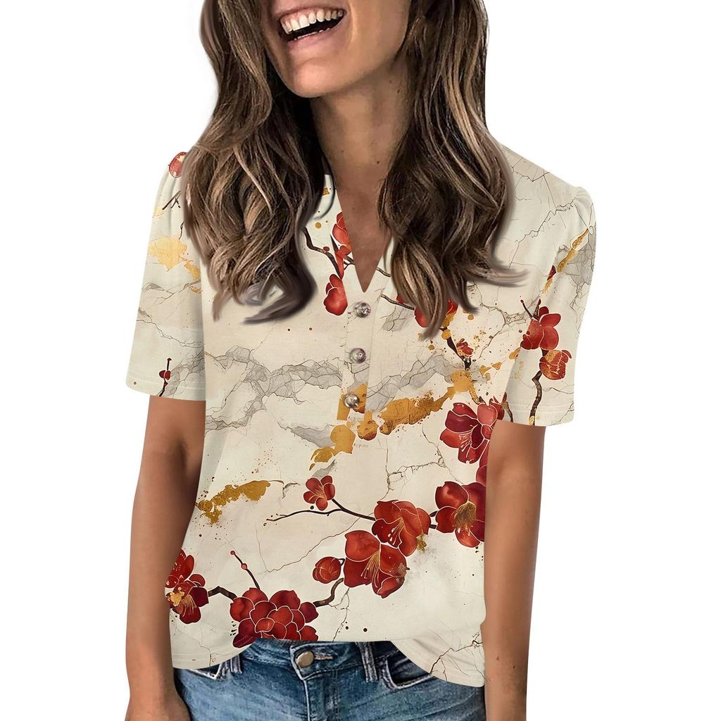 Женский модный повседневный свитер с коротким рукавом и принтом на пуговицах и V-образным вырезом