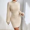Fashion Long Sleeve Elasticity Sweater Dresses Autumn Winter Casual Slim Mini Dress Turtleneck Solid Hip-Wrapped Knitted Dress