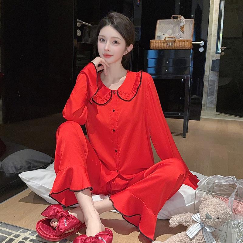 Ice silk pajamas women's spring and autumn new doll collar sweet princess style high-end long-sleeved trousers loungewear set