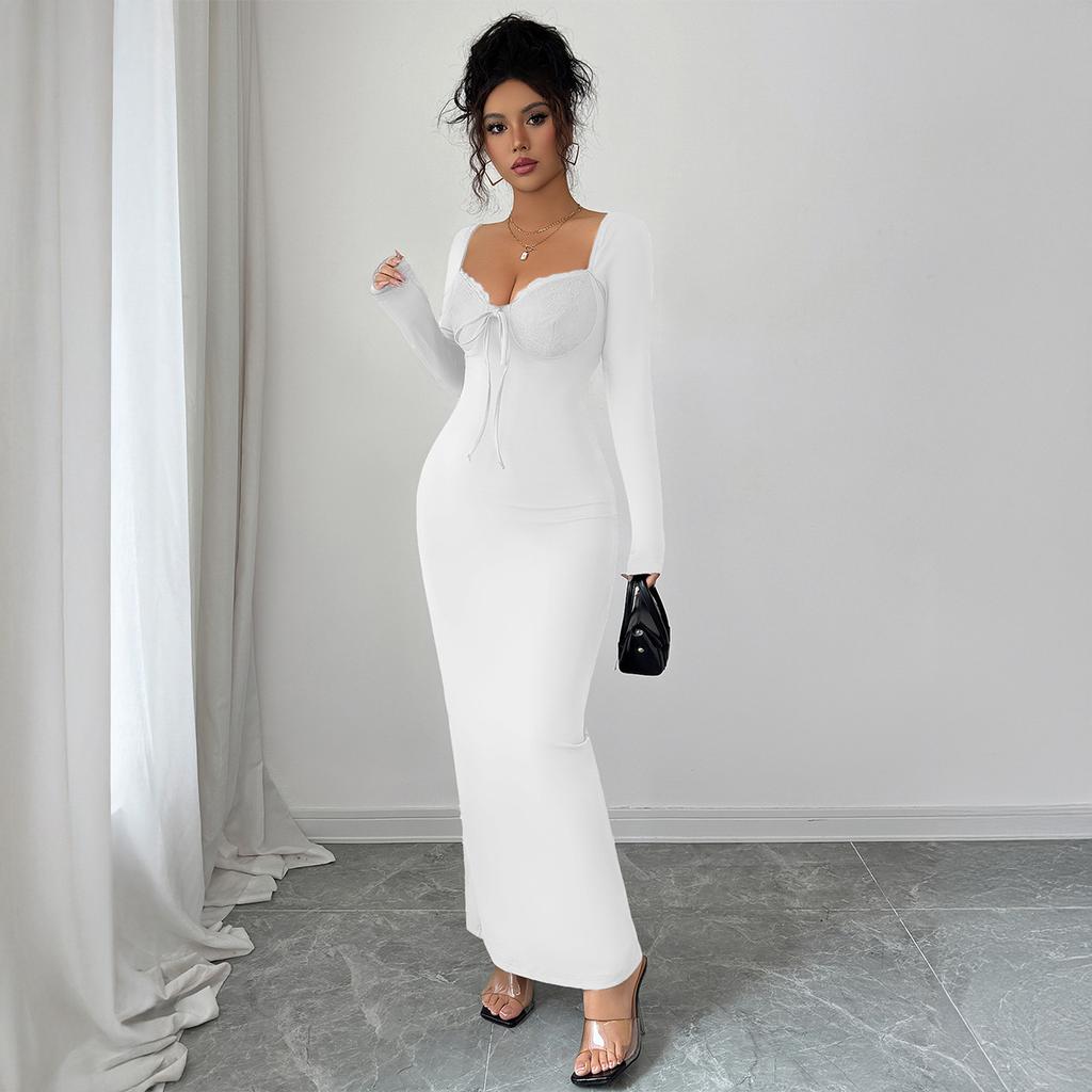 Европейский Американский Элегантный Однотонный Кружевной Платье-Юбка на Бедрах Женский Осень Зима