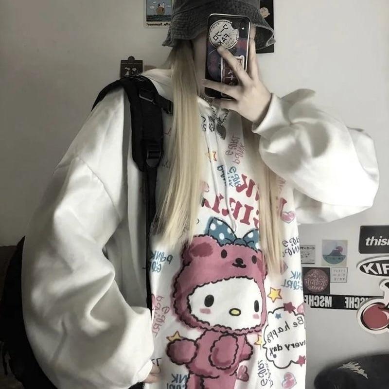 Kawaii Harajuku толстовка для женщин корейский свитшот с принтом аниме винтажная розовая толстовка большого размера милая одежда топы для девочек