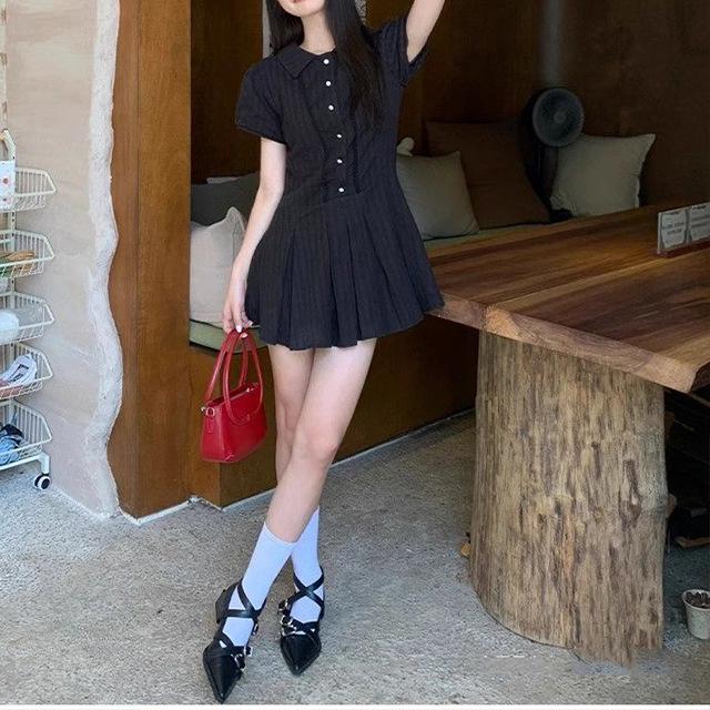 College style bubble sleeve shirt dress women's summer new temperament waist small sweet short skirt