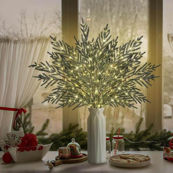 10 шт. Рождественские ветки сосны Норфолк с подсветкой, предварительно освещенные искусственные сосновые стебли для DIY венков, наполнители для ваз, внутренний и наружный декор