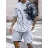 2025 New Crew Neck Short Sleeve T-shirt Fashion Shorts Set 3D Lion Print Short Sleeve Shorts 2-piece Men's Summer Sports Set