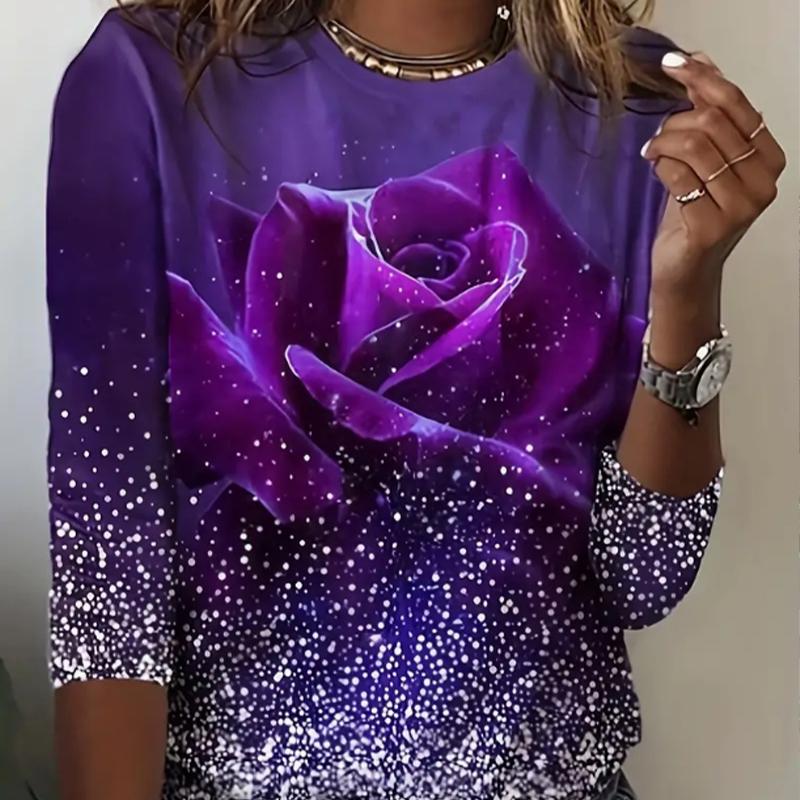 Tops For Women Snowflake Rose Print Round Neck Long Sleeve T-shirt Fall Casual Slim Pullover Women's Long Sleeve Top