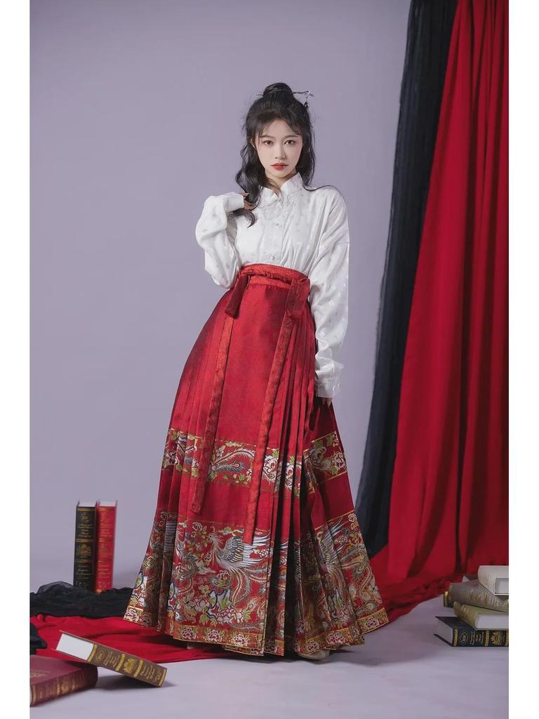 «2023 Оригинальная юбка в стиле ханьфу с изображением феникса и цветов, мордочки лошади — китайское красное помолвочное платье»