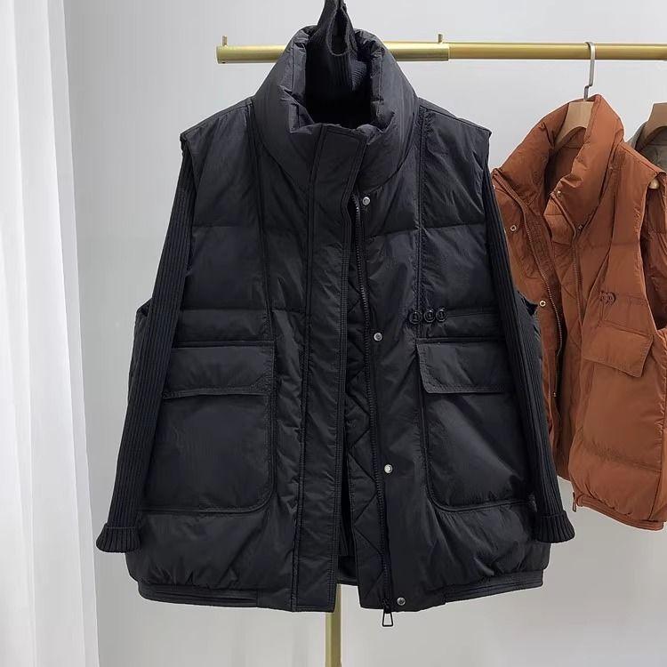 Пуховой жилет Женский Свободный Модный Однотонный Стойка Воротник Простой и Универсальный Осенний Жилет Куртка