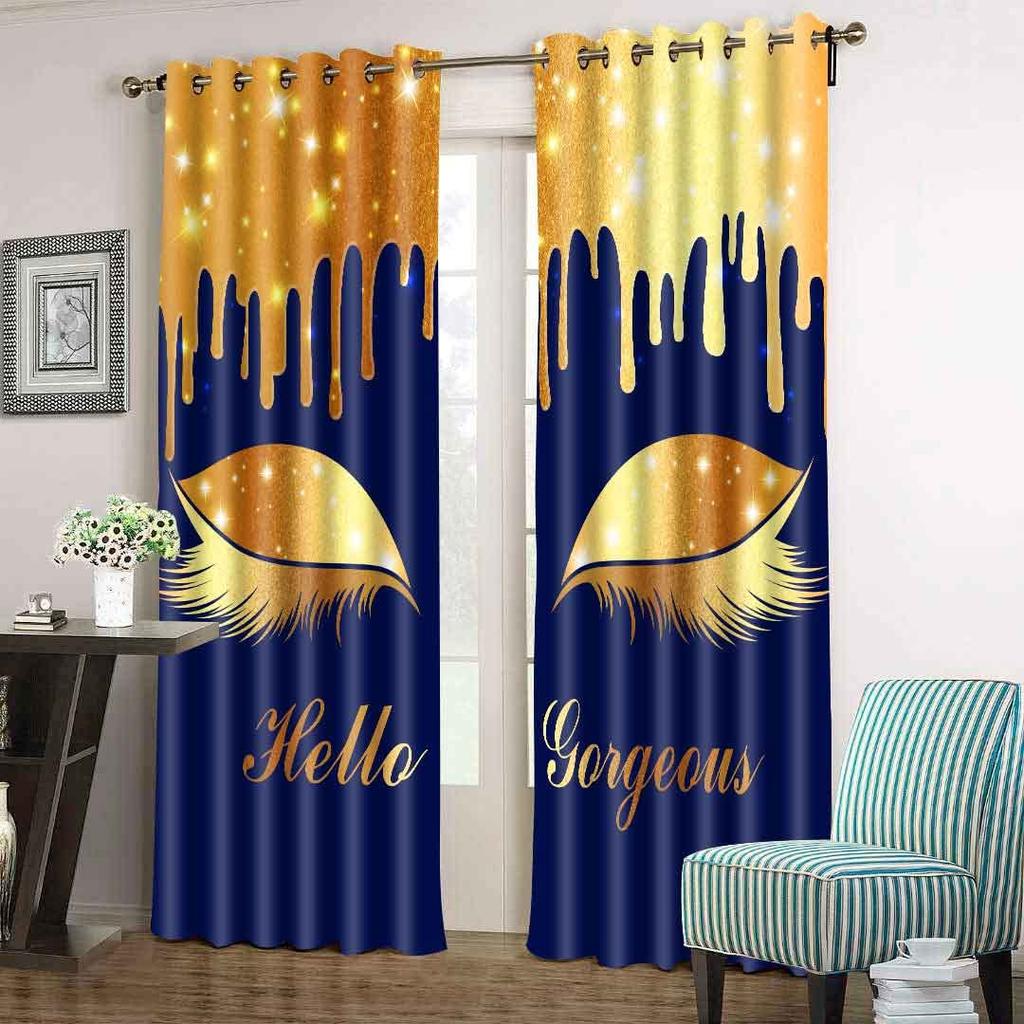 3D Print Modern Pink Golden Eyelash Eyes 2 Panel Lounge Elegant Shading Blackout Window Curtain for Girl Living Room Bedroom