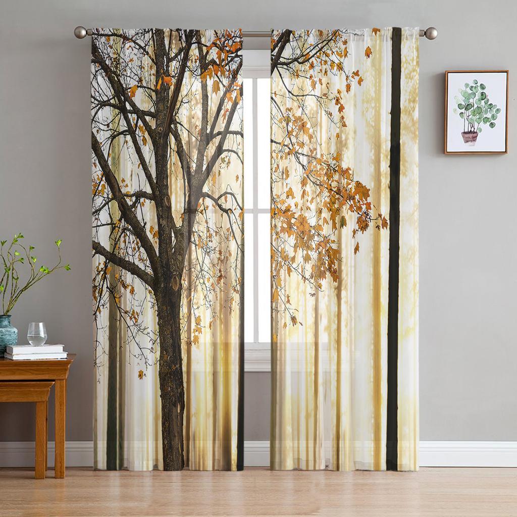 Arbor Tree Lake Landscape Sheer Voile Curtain For Living Room Transparent Tulle Window Curtains For Bedroom Accessories Decor