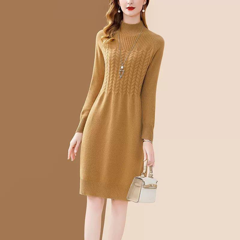 Sweater Dress for Women Versatile for Spring and Autumn Half Turtleneck Knitted Sweater Casual Solid-color Long-sleeved Pullover