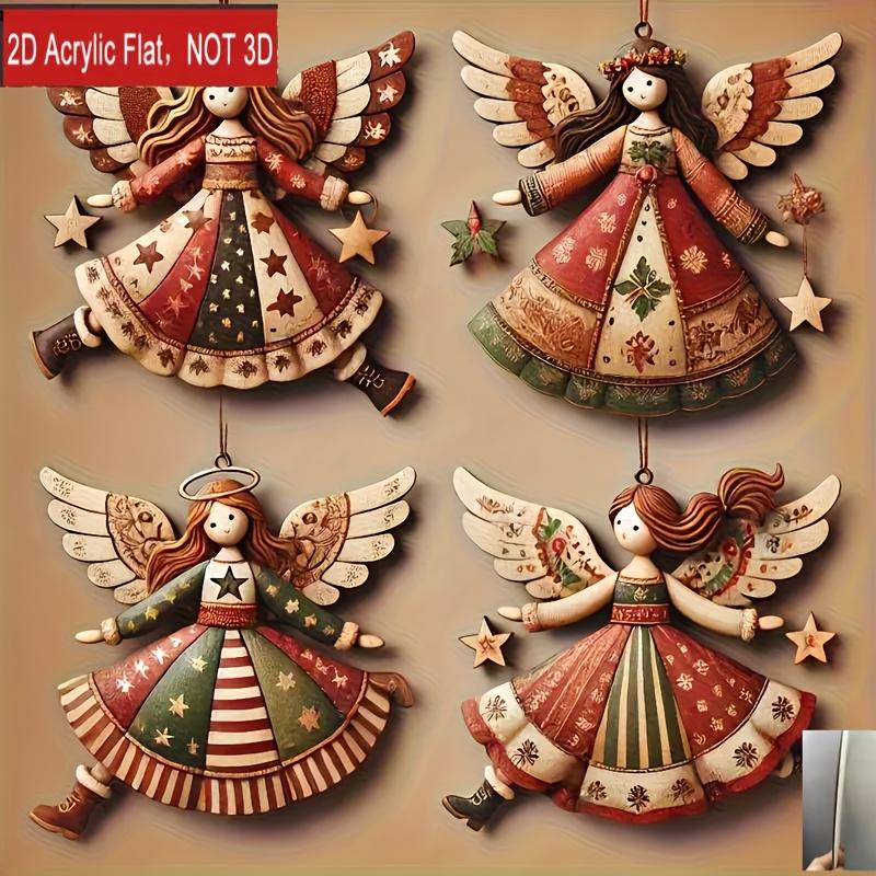 Vintage Wooden Angel Christmas Ornaments Set - Multi-Color Handmade Festive Decor (4 Pieces)