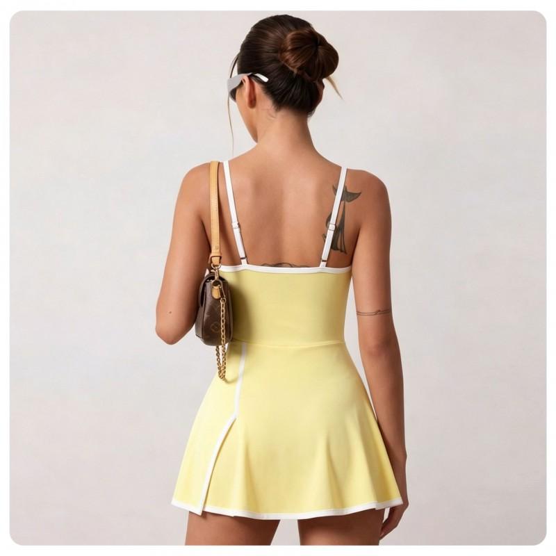 Womens Tennis Dress With Removable Padded Bra Built-in Shorts Color-Block Design Quick-Dry Stretch Sport Suit Gym Running