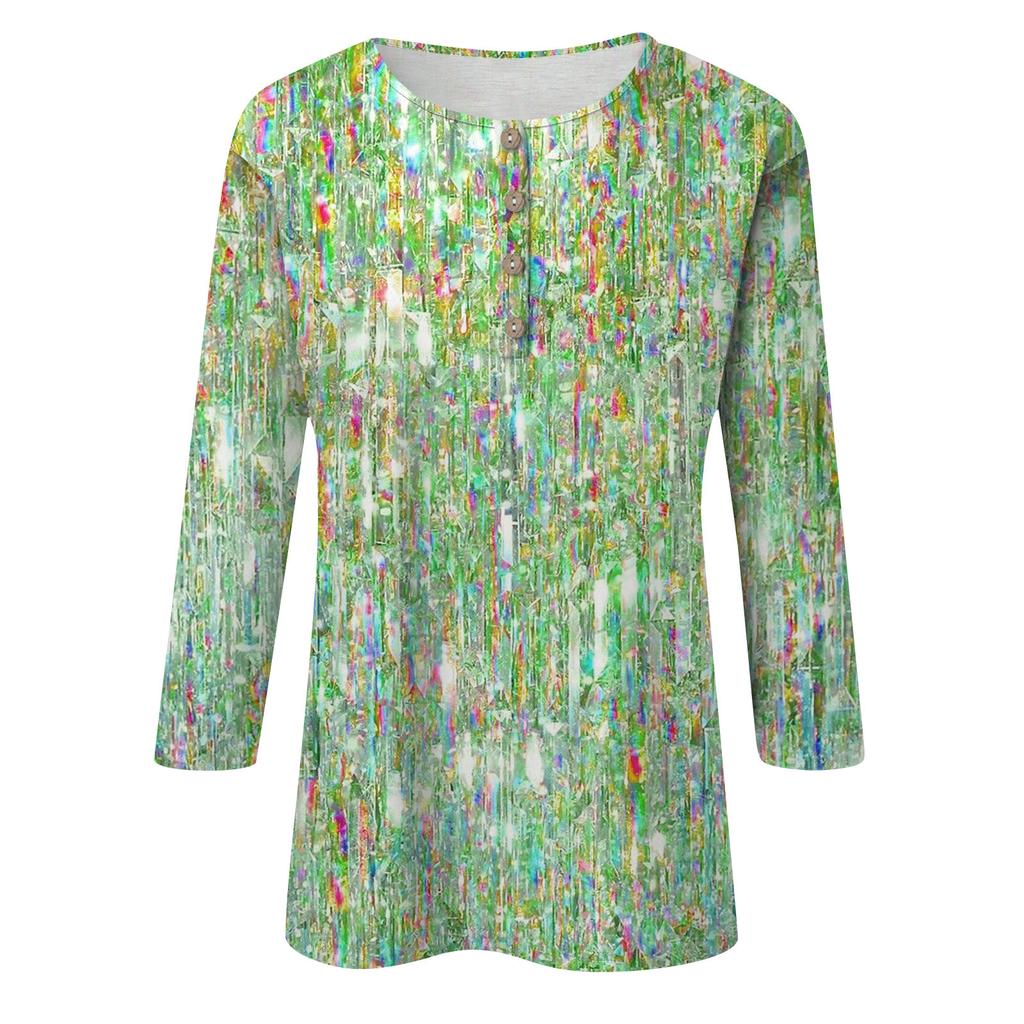 Женская мода с блестками и принтом с семью точками, рукавами и круглым вырезом, на пуговицах, топ