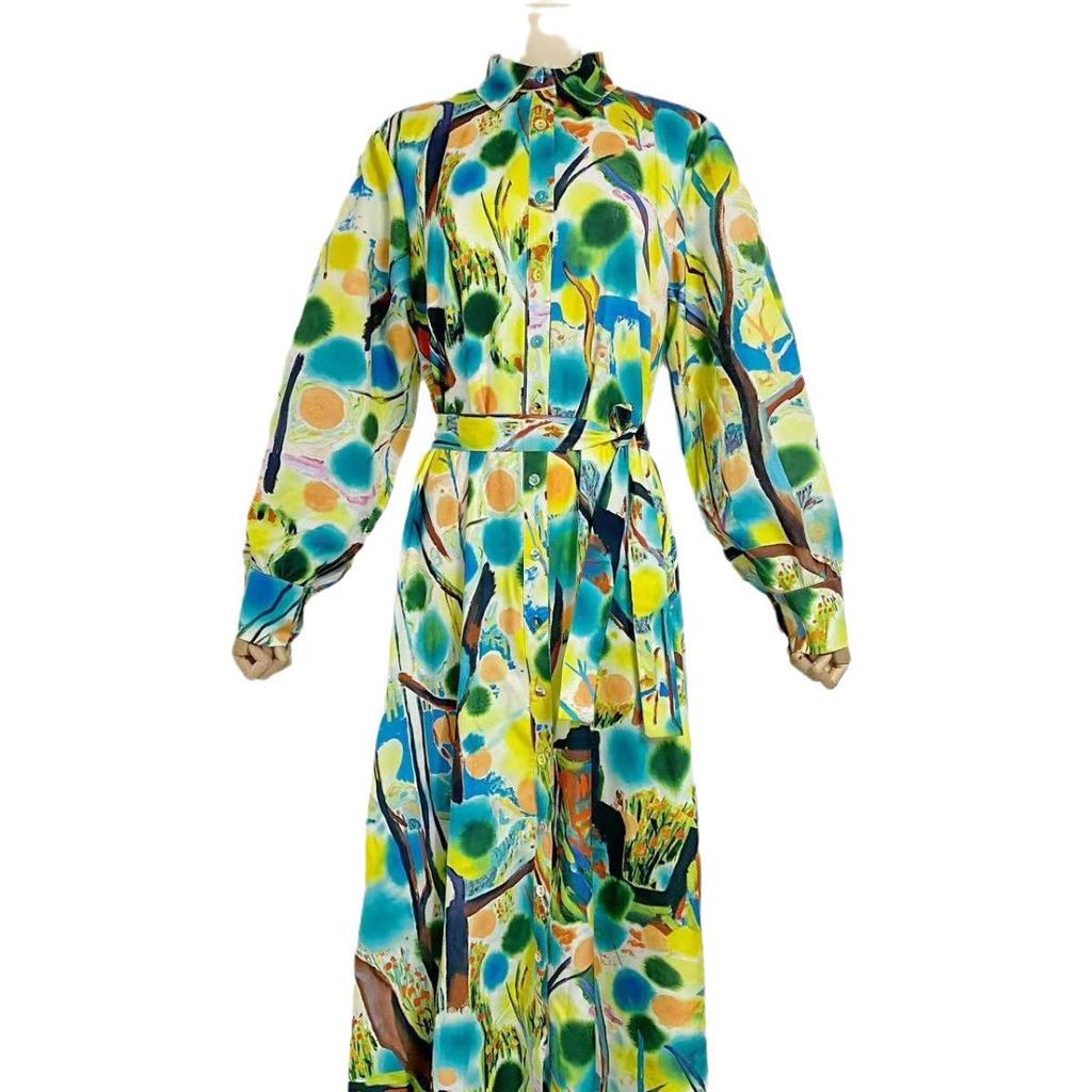 Elegant Long Tie-Waist Dress with Lapel and Lantern Sleeves for Women - Autumn 2023