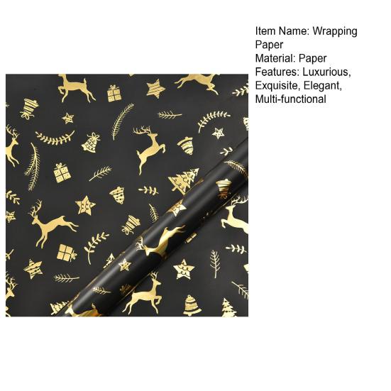 Рождественская двусторонняя рулонная упаковочная бумага Черная Золотая фольга Дизайн Рождественская елка Снежинка Олень Подарочная упаковочная бумага 17" x 190" Джамбо рулон