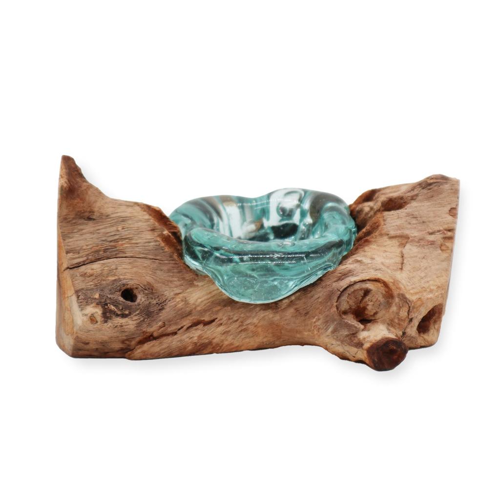 Molten Glass Candle Holder on Wood Base