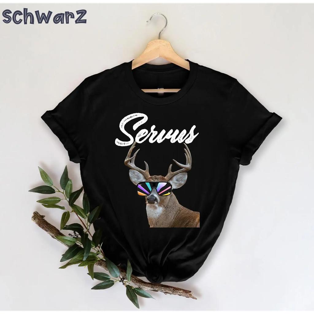 Servus Cool Deer Wearing Sunglasses Print T Shirt Unisex Funny Sarcastic Bavarian Trachten Casual Trendy Vintage Breathable
