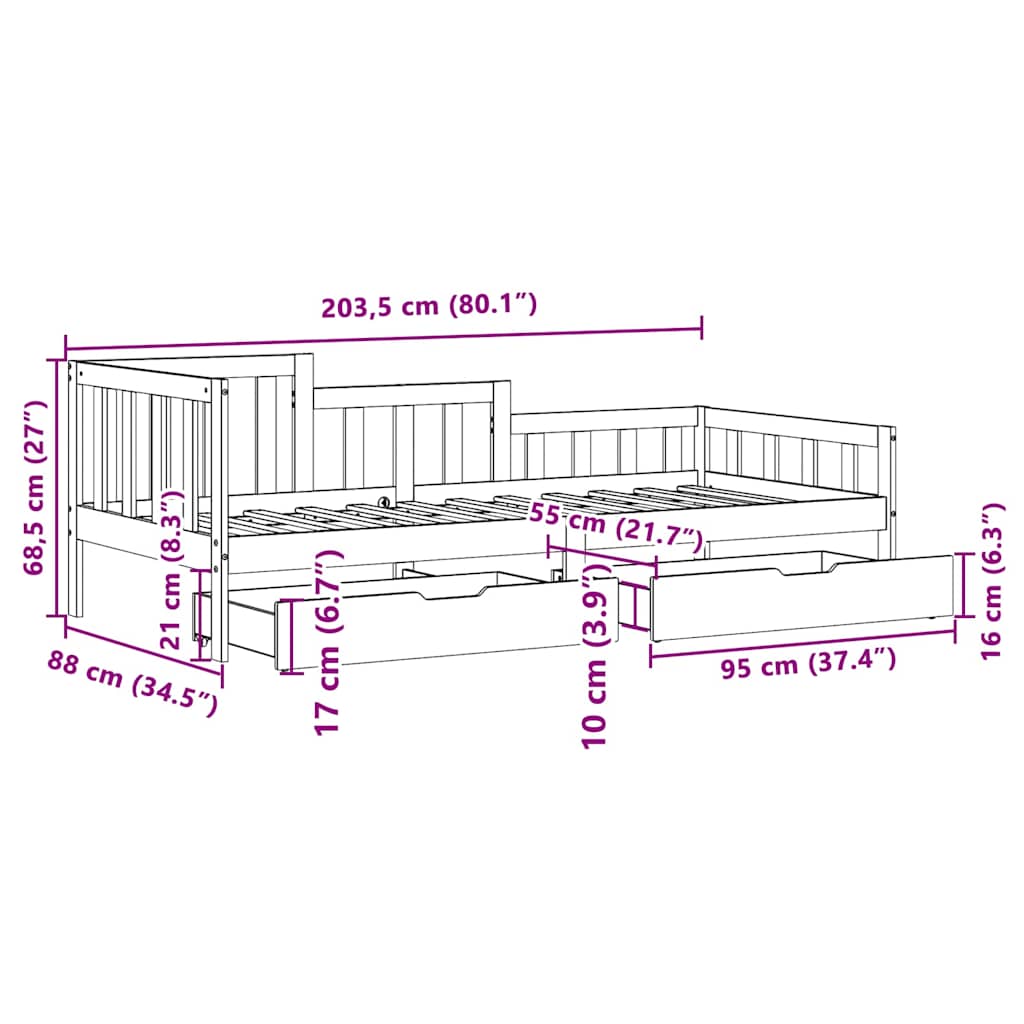 Daybed with Drawers White 80x200 cm Pine Wood