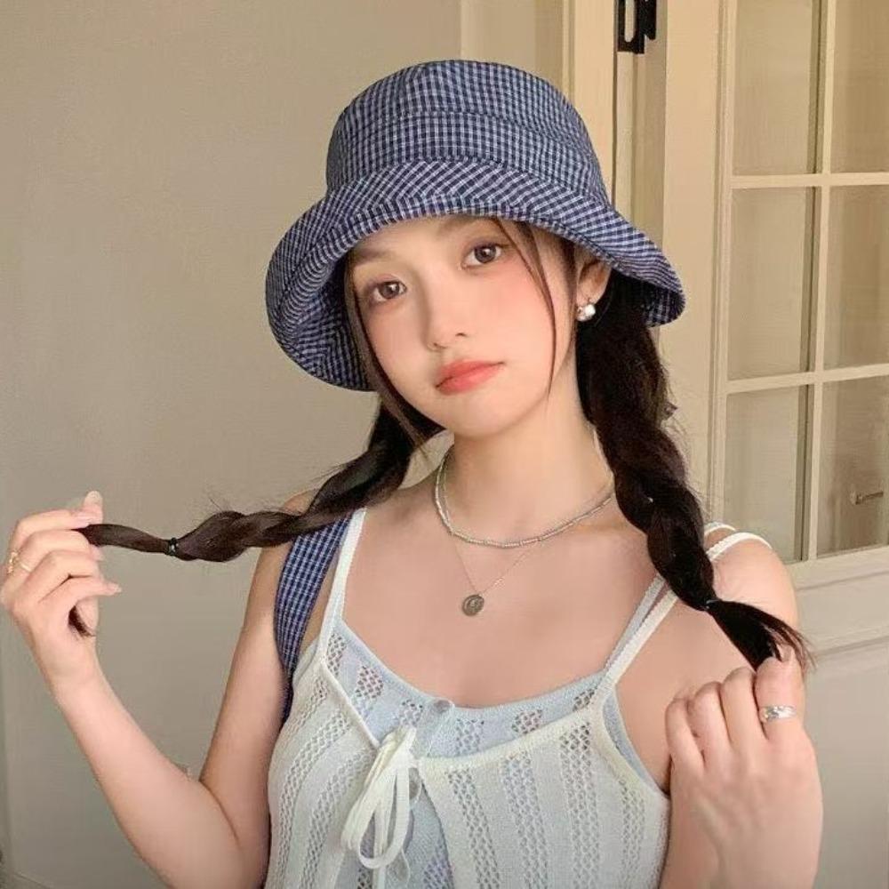 Korean Style Wide Brim Bucket Hats Summer Sunshade Basin Caps Plaid Bucket Hats Sun Protection