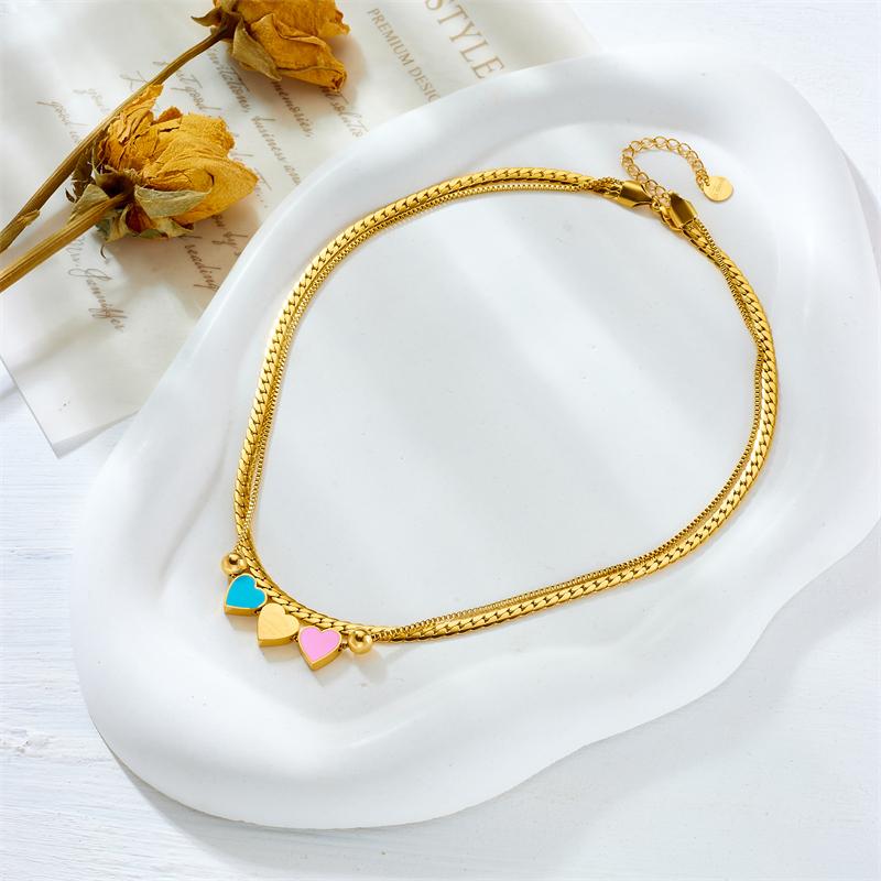 DIEYURO 316L Stainless Steel Double Layer Lovely Heart Charm Necklace For Women Girl Fashion 2in1 Chains Non-fading Jewelry Gift