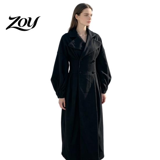 Women Wool Coat Long for Fall Winter, Lantern Sleeve Notch Lapel Overcoat, Double Breasted Trench with Pockets