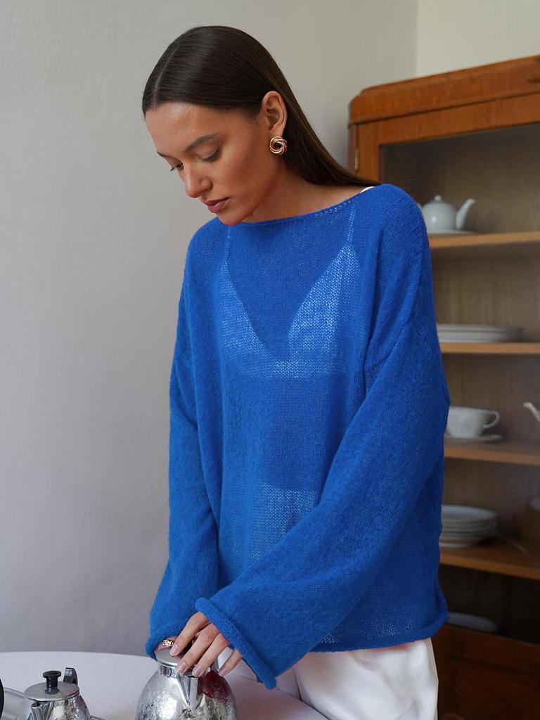 2025 Spring/Summer European-American Hollow Knit Sweater: Women's Thin, Large Round Neck, Trumpet Sleeve T-Shirt