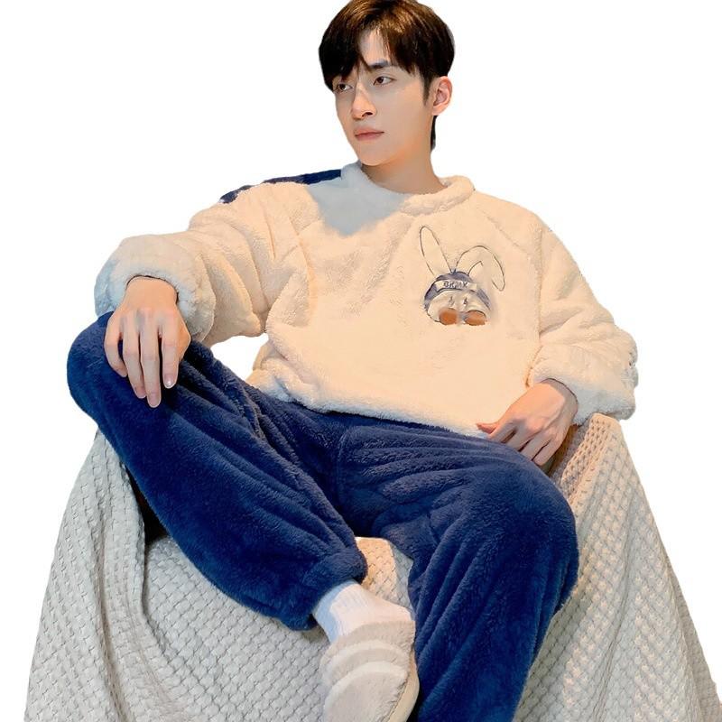 Мужской фланелевый пижамный комплект Smiley Face - утолщенный коралловый флис для осени/зимы