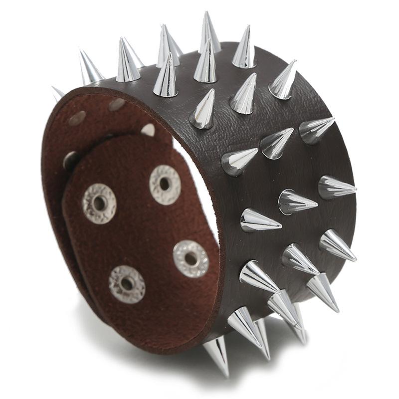 Men's Punk Leather Bracelet with Three-Row Spike Rivets