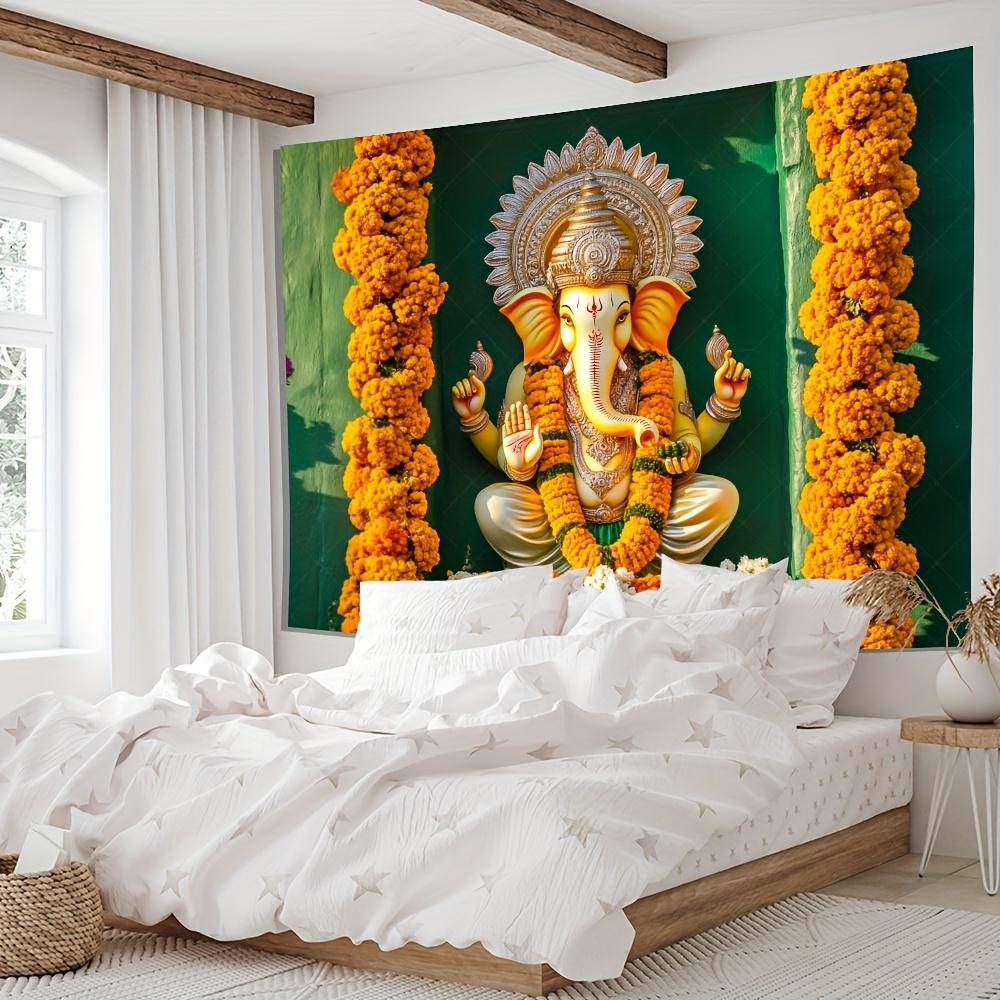 Divine Ganesha Tapestry Vibrant Floral Border Ornate Design Sacred Symbols for Spiritual and Cultural Home Decor Wall Art