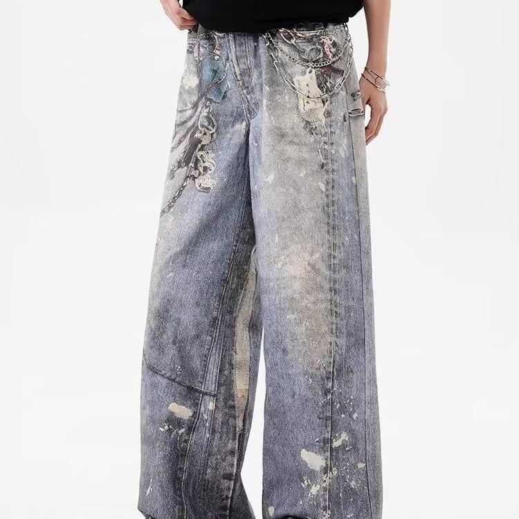 Printed Baggy Jeans Men Women Casual Baggy Straight Denim Pants High Street Wide Leg Y2K Blue Jean