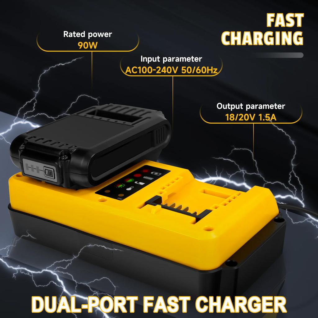 90W Battery Charger Replacement , 18V 20V Lithium Battery Rechargeable DCB207 DCB206 DCB204 DCB203 Mini Fast Dual Charger