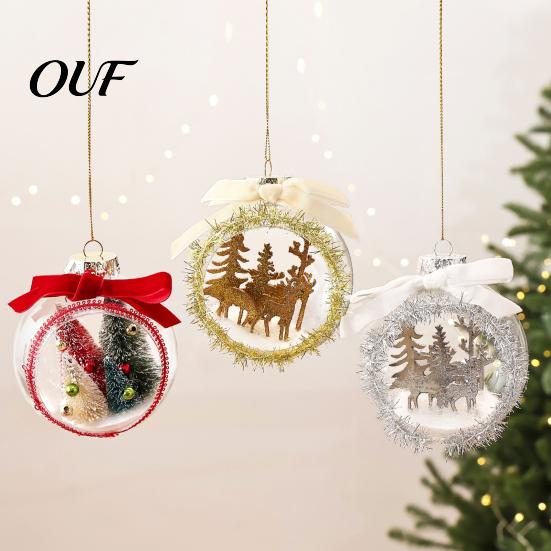 Winter Fairy Tale Hanging Decor Opening Christmas Ball Ornament with Bow, Tree Reindeer Snow Scene Micro Landscape Inside Clear Ball, Xmas Sphere