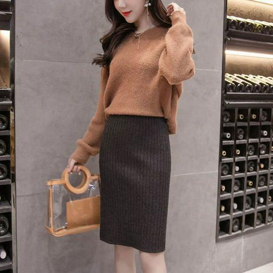 Женская приталенная шерстяная юбка средней длины с разрезом, 2024