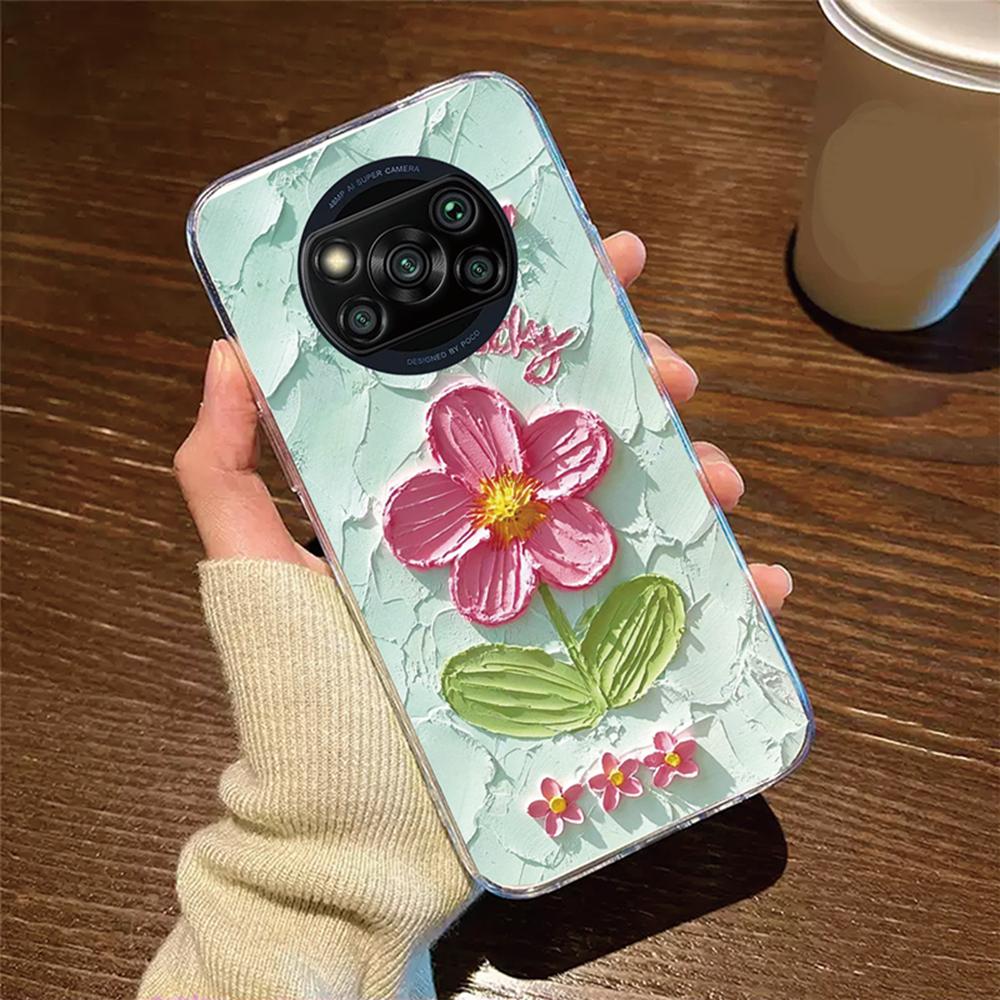 Rose Flower Daisy Oil Painting Phone Case For Xiaomi Poco X3 NFC X3Pro Cover Protection Clear Couple Transparent PocoX3 6.67"