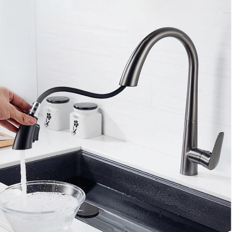 Смеситель для кухонной мойки пистолет серый скрытый выдвижной кран для горячей и холодной воды из латуни, нержавеющая сталь