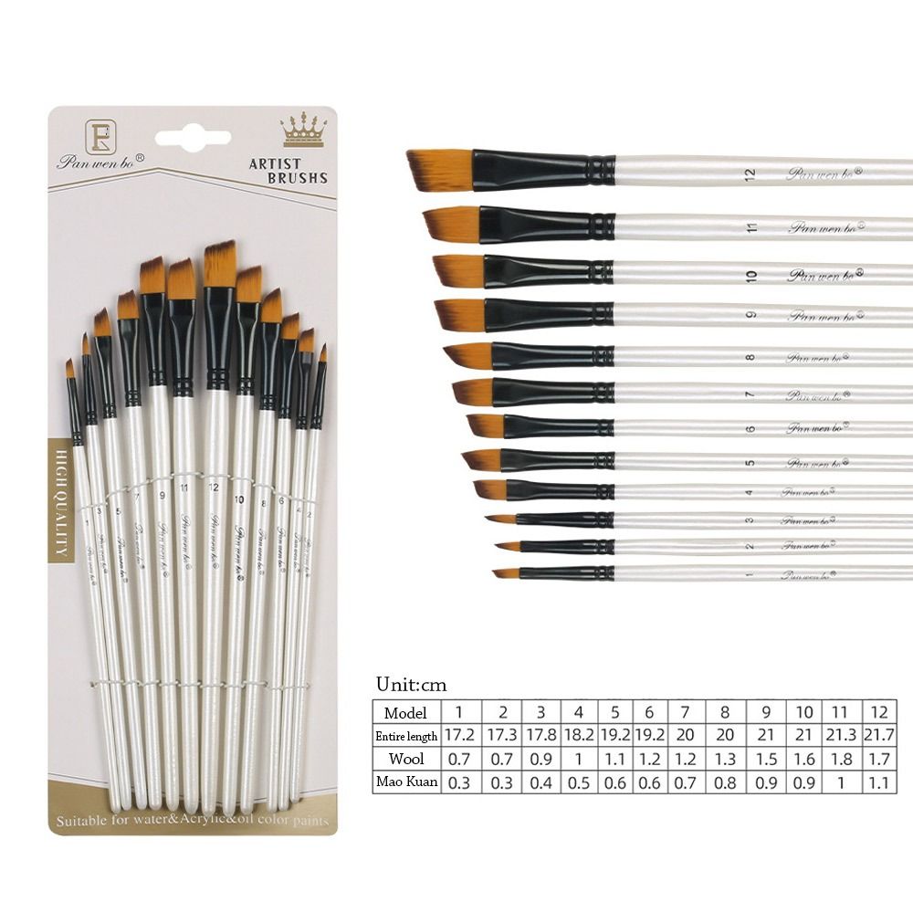 12Pcs Nylon Hand Drawn Watercolor Pointed Round Flat Head Flat Brushes Painting Brushes Gift