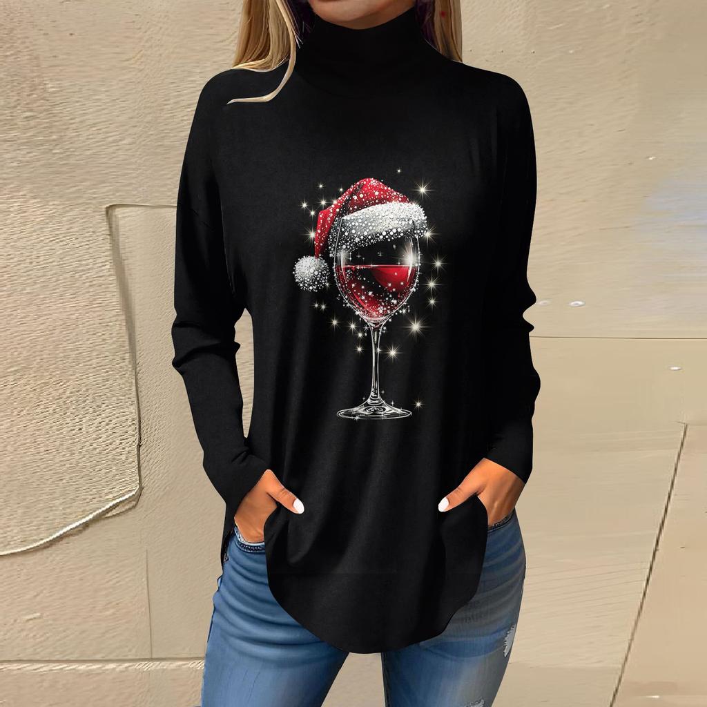 Женская модная повседневная футболка с длинным рукавом с высоким воротом и принтом, пуловер, топ