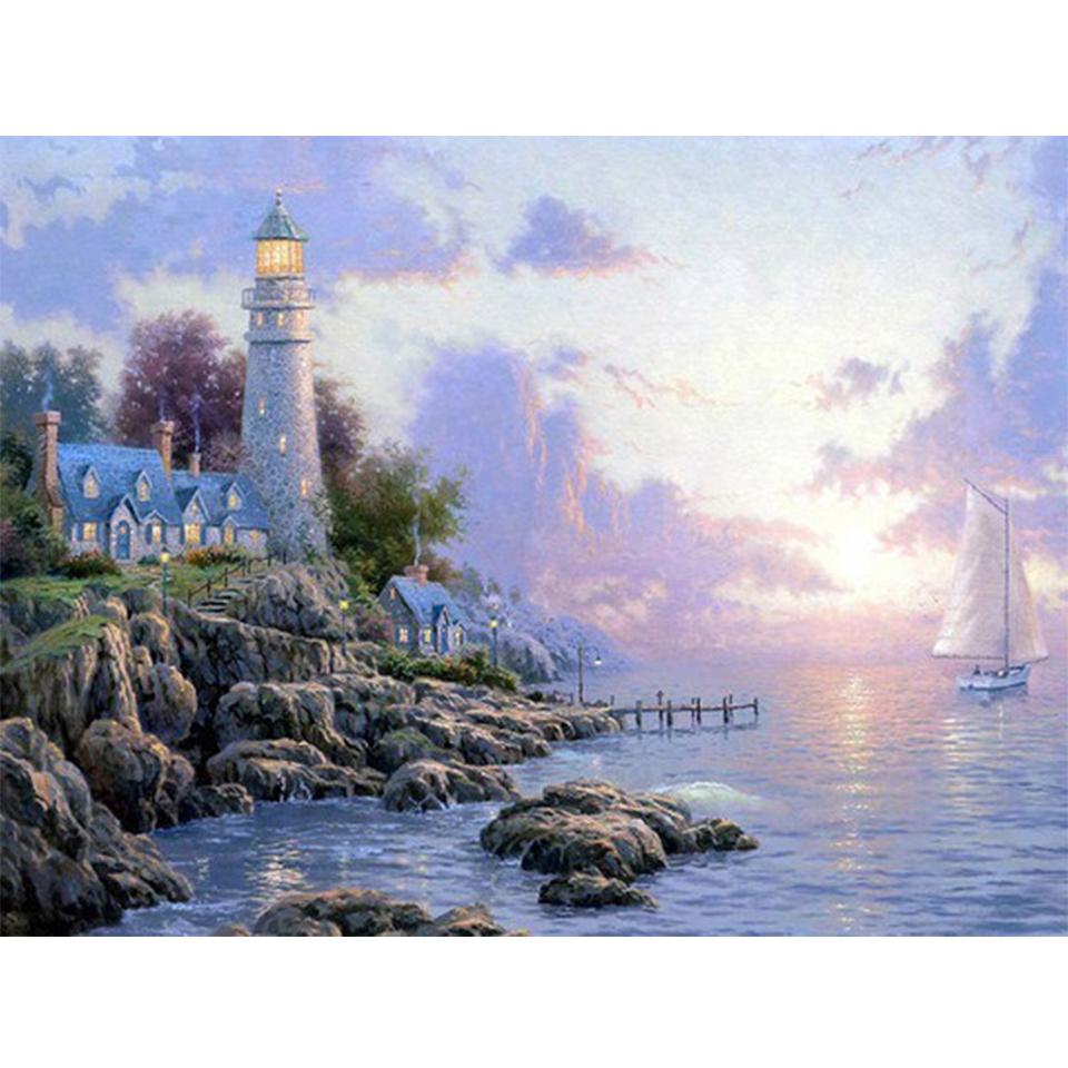Diamond 5d Landscape Full Painting Round Diamond Embroidery Seaside Lighthouse Rhinestone Craft Mosaic Home Decoration Picture
