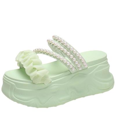 Модные женские сандалии модные сандалии с открытым носком на толстой подошве летние новые женские тапочки на высоком каблуке с жемчужной цепочкой повседневные сандалии для отдыха на природе