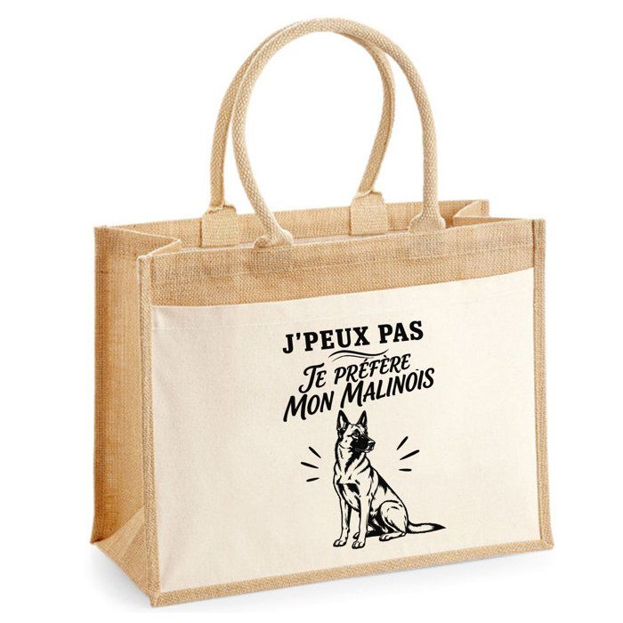 Sac cabas - PLANETEE - J'peux pas minimaliste - Toile de jute et coton - 21 L (43×33×21 cm) - Illustration Malinois