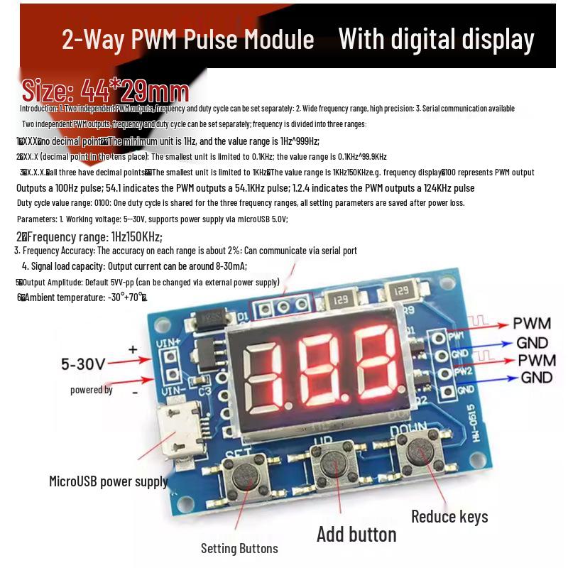 Adjustable Digital Display PWM Signal Generator Module, 1/2/3 Channel, kHz Frequency Square/Rectangular Wave