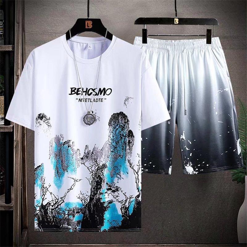 2023 New Men Two Piece Set Summer Sport Wear Fashion Mens Joggers Set Harajuku Tshirt and Short Set Casual Tracksuit Size 5XL